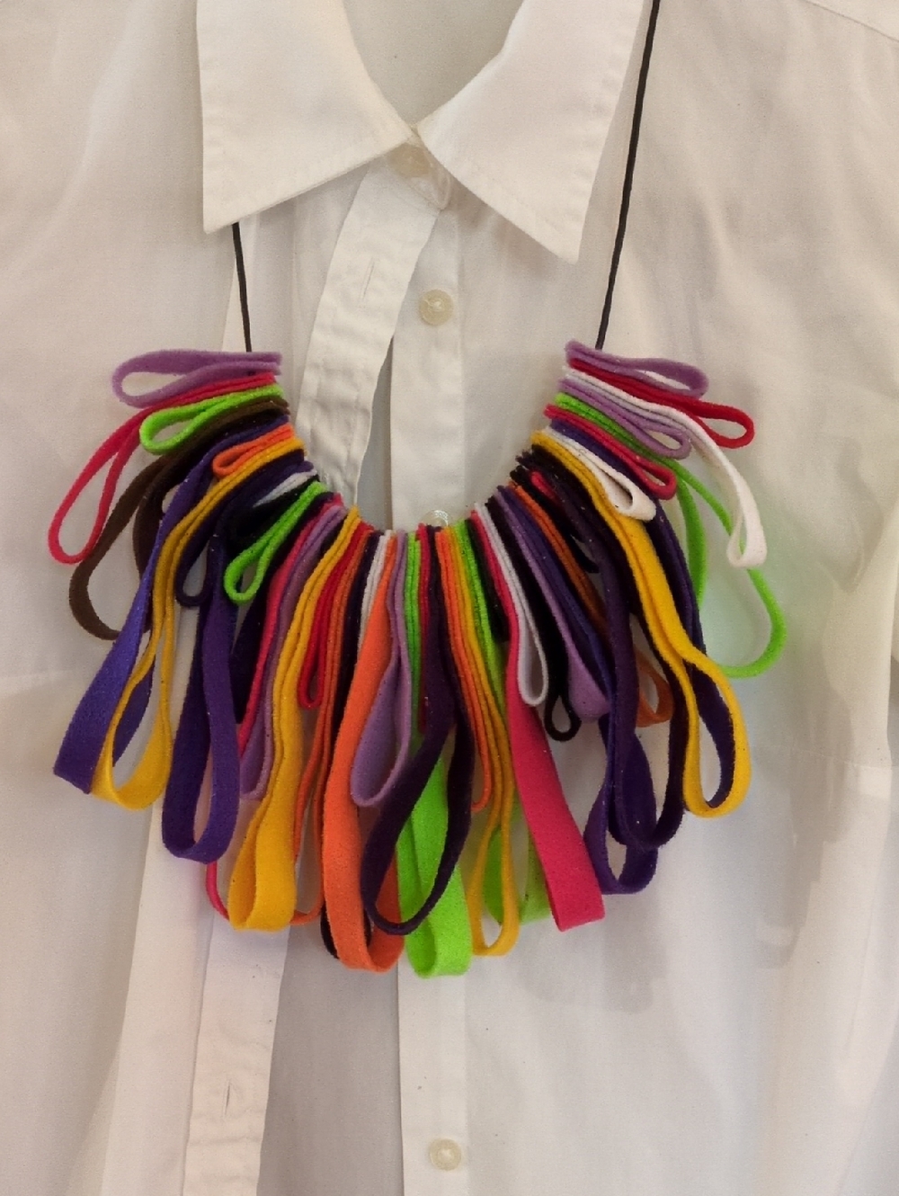 Handmade Whimsical Felt Loop Multicolor Statement Necklace Black Leather Cord